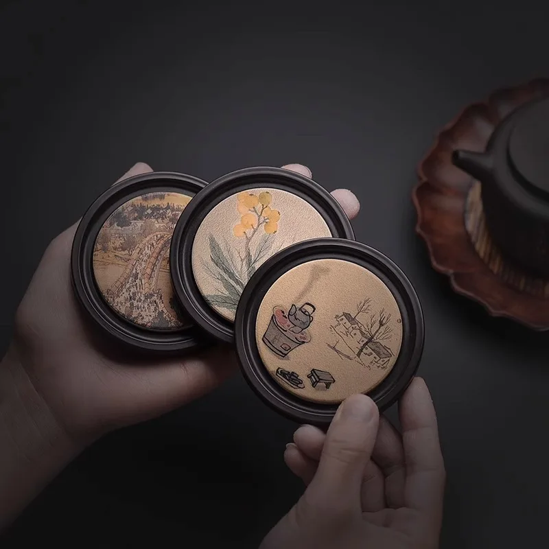 Coffee Tea In Chinese - Round Wood Cup Mat Heat Resistant