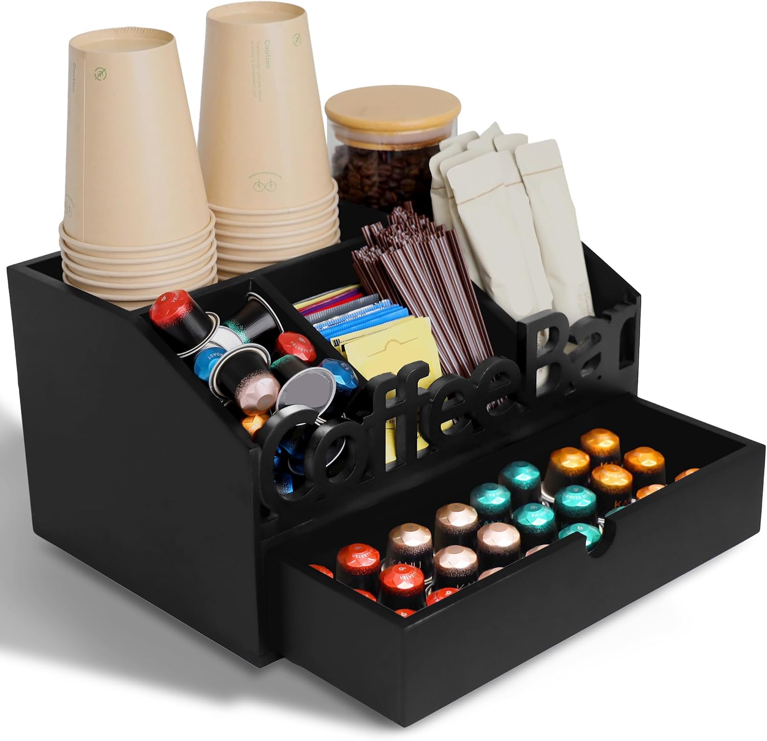 Coffee Tea Images - Wooden Coffee Bar Organizer with Drawer,