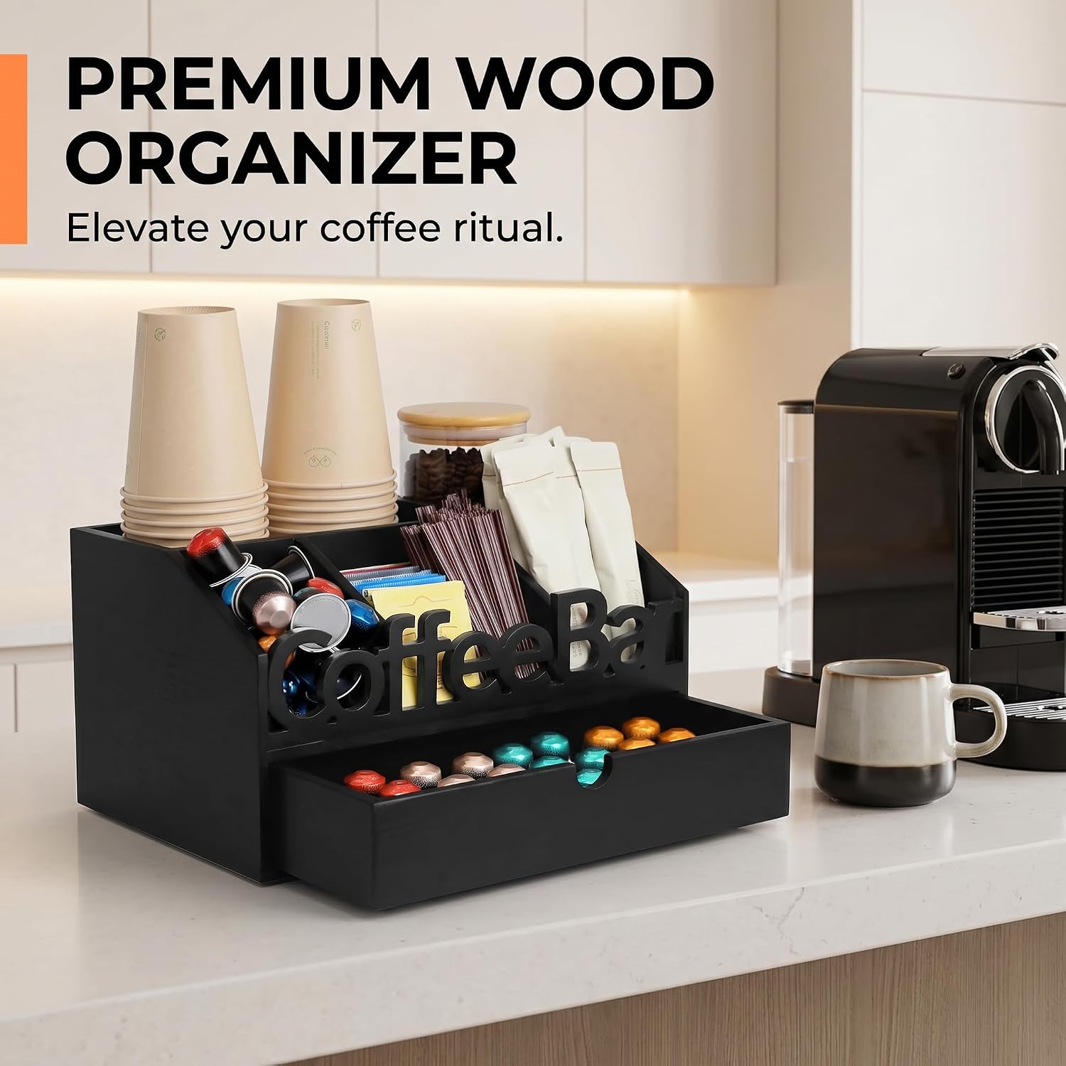 Wooden Coffee Bar Organizer wi - огляд і ціна Coffee Tea Images